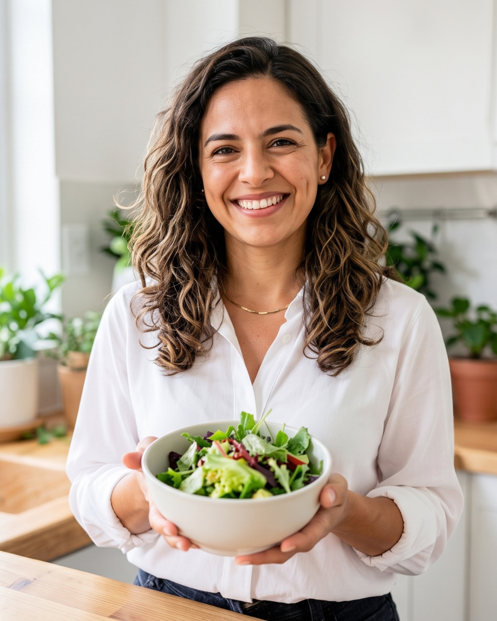 Autora del recetario sosteniendo un tazón de ensalada fresca en su cocina