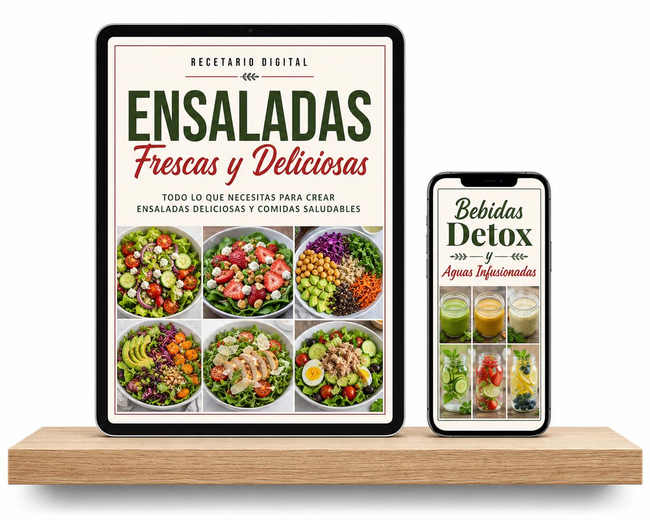 Recetario Ensaladas Frescas y Deliciosas mostrado en computadora, tablet y celular